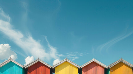 Wall Mural - A colorful row of beach huts standing against a bright blue sky.