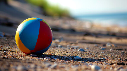Wall Mural - A colorful beach ball resting on a sandy shore, ready for a day of play.