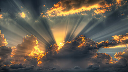 Wall Mural - The sun's rays breaking through the clouds, creating a stunning display of light and shadow.