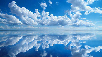 Wall Mural - A mesmerizing view of fluffy white clouds against a deep blue sky reflected in a calm lake.