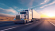 American style truck on freeway pulling load. Transportation logistics concept 