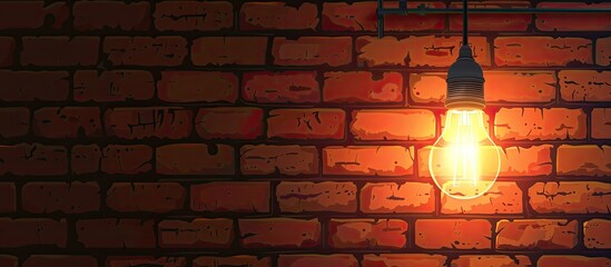 Sticker - An amber light bulb illuminates a brick wall, casting tints and shades on the rugged brickwork. The heat from the bulb creates a contrast with the darkness of the rectangle font