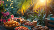 tropical garden feast with fresh fruits at sunset, summer garden party
