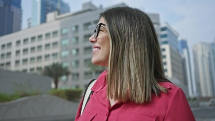 Wall Mural - Smiling woman with glasses in dubai cityscape with skyscrapers