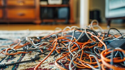 Poster - Tangled cords and cables snaking along the floor  AI generated illustration