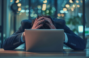 A man dressed in a suit hiding behind a laptop,
      due to stress, nervousness, emotional or work pressure.