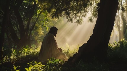 Wall Mural - Gethsemane Prayer A minimalist portrayal of Jesus in  AI generated illustration