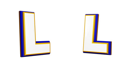 Wall Mural - Letter L in 3D render, in two different perspectives and angles. Colors Blue, yellow and white. Complete alphabet collection