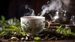 Steam rising from a freshly brewed cup of tea, surrounded by various tea leaves from around the world.