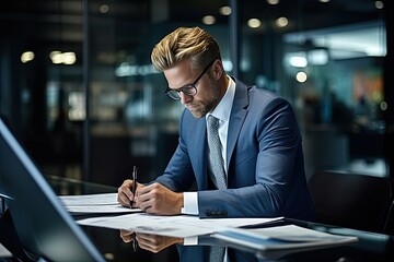 Poster - focused business executive in modern office, meticulously examining financial charts and graphs on a