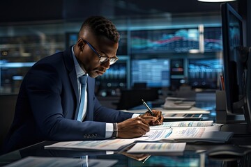 Poster - focused business executive in modern office, meticulously examining financial charts and graphs on a