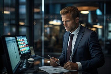 Poster - focused business executive in modern office, meticulously examining financial charts and graphs on a