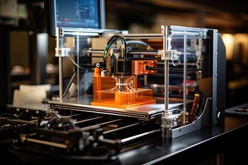 Poster - 3D printing machine at work, focusing on the mechanical details and precision involved in creating a cube