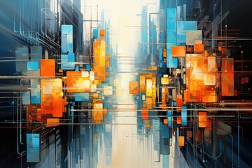 Poster - artistic representation of a technology background, with abstract elements and a stylized interpretation, conveying the interconnected and innovative aspects of the technological landscape