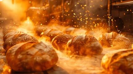 freshly baked golden bread loaves cooling on tray in bakery with warm glowing sunlight and flying fl