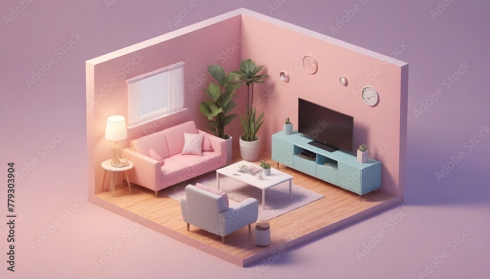 cube cutout of an isometric living room, 3d art, pastel colors, soft ...