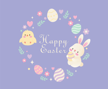 Round greeting card Happy Easter. Images of the Easter bunny, little chick, Easter eggs and flowers on a purple background. Happy Easter inscription.