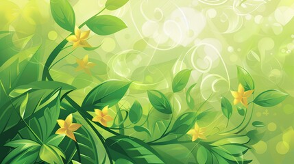 Poster - Spring green background adorned with flowers and leaves, a vibrant depiction of nature's beauty