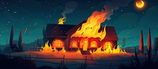 Wall Mural - A structure engulfed in flames during the night with glowing embers and billowing smoke