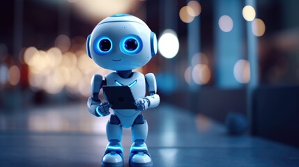 Adorable blue robot with a friendly smile holding a modern digital tablet. Space for text.