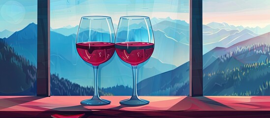 Wall Mural - Two wine glasses filled with red wine are placed on a window sill overlooking mountains. The stemware contains an alcoholic beverage, creating a serene and picturesque scene