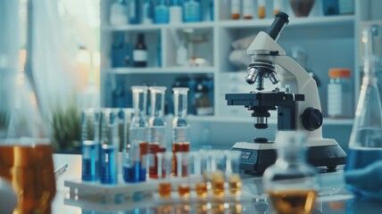 Wall Mural - Microscope with glass tubes in background - Designed for clarity and precision, the microscope stands amidst an array of glass test tubes in a research laboratory