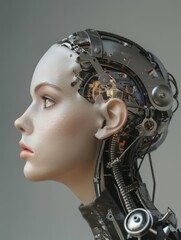 Poster - Half-body portrait of cyborg with exposed mechanics - Intrigating cyborg figure featuring mechanical parts and wires against a neutral gray background