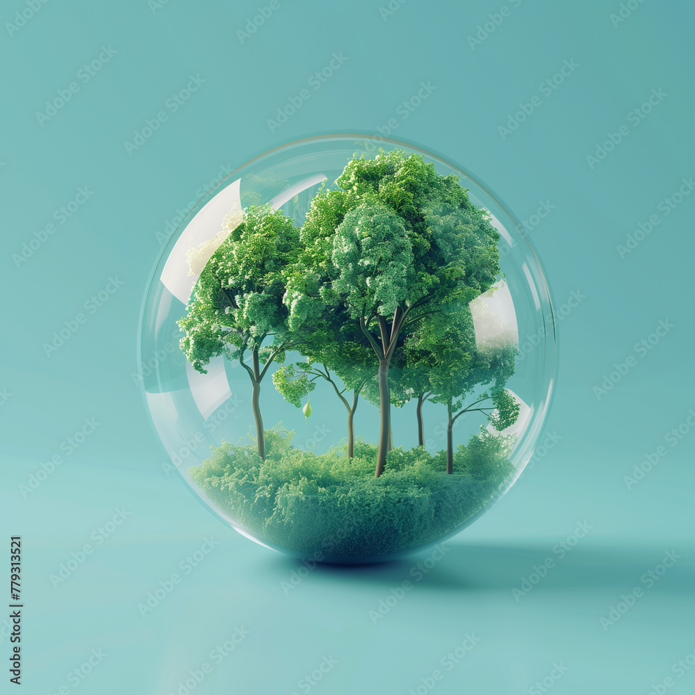 3D rendering of Earth globe with green trees inside a glass sphere ...