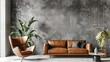 Bright-toned living room wall mockup featuring a leather sofa and armchair
