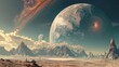 Desert planet scene with monumental moons - A captivating digital art piece showcasing an expansive desert landscape under a dramatic sky with enormous moons and a galaxy on the horizon, inspiring awe