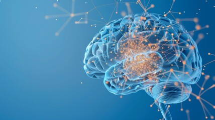 Poster - Digital Brain Concept Illustration - A high-tech 3D of a brain with neural network connections on a blue background.