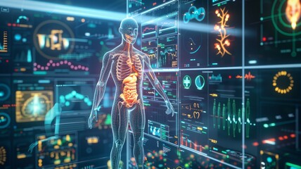 Poster - Futuristic human anatomy interface visualization - An advanced human anatomy holographic projection showcasing various body systems with dynamic data overlays