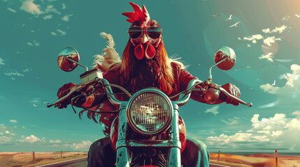 Wall Mural - Surreal image of a rooster with sunglasses riding a motorcycle on a sunny, clear day on the open road.