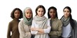 Young diverse women group together on white background