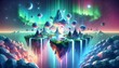 © Send - A surreal landscape featuring a series of floating islands, each with its own unique ecosystem, connected by cascading waterfalls of light, set against a backdrop of an aurora-filled sky