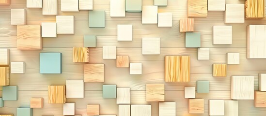 Poster - A building material made of hardwood, the wall is covered with a symmetrical pattern of wooden rectangles. The flooring features a font of metal squares, creating a harmonious design