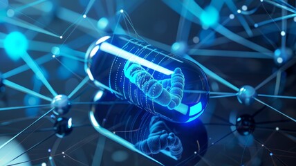 Poster - Glowing DNA helix inside a capsule - This image visualizes the concept of medical advancements with a glowing DNA helix contained within a capsule surrounded by network lines
