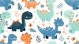 Fototapeta Dinusie - Adorable cartoon dinosaur doodles in a seamless pattern, creating a playful and cute background for kids' apparel, textiles, AI Generative
