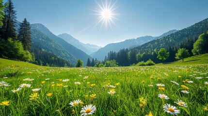 Wall Mural - Alpine paradise, panoramic, springtime glory with blooming meadows, majestic mountain backdrop, AI Generative