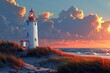 illustration of white and red lighthouse standing on dunes against sea on sunset