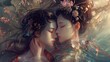 Enchanting Chinese girl in a romantic embrace, her hair adorned with delicate flowers, as she gazes affectionately into her lover's eyes.