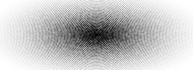 Poster - Radial halftone grunge fading texture. Vanishing dotted circle line background. Black pop art dot gradient backdrop. Retro comic cartoon noise for poster, overlay, cover, print. Vector grain wallpaper