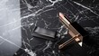A sleek lipstick case opened elegantly on a reflective, luxurious marble counter low texture