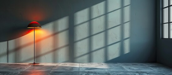 Poster - A room in a building with a lamp casting shadows on the wall from a window. The tints and shades create a beautiful play of light. The glass, metal, wood, and flooring add to the ambiance