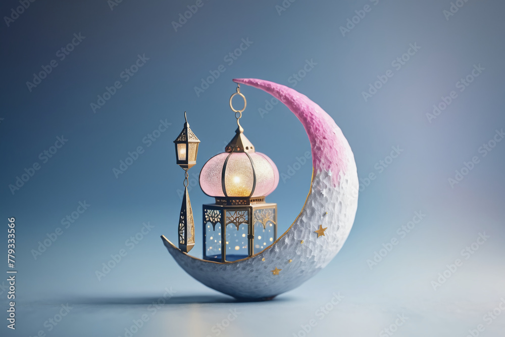 3d illustration of a crescent moon with golden moon and stars ornament ...