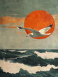 a seascape poster illustration of a seagull ocean, waves, sunset, wind, block printing, abstract expressionism using minimalism, patchwork collage, block printing.