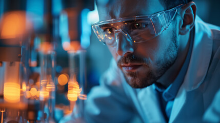 Wall Mural - Focused male scientist in safety glasses conducting experiments in a laboratory with blue lighting, showcasing innovation and research.