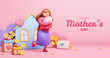 3D Lovely Mothers Day poster. Mother holding baby on pink background with flowers and festive decors.
