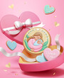 3D Sweet icing cookies in heart shape box on pink background. Happy Mothers Day poster.