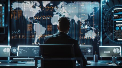 Aufkleber - A man is sitting in front of a computer monitor with a map of the world on it. He is wearing a suit and he is focused on the screen